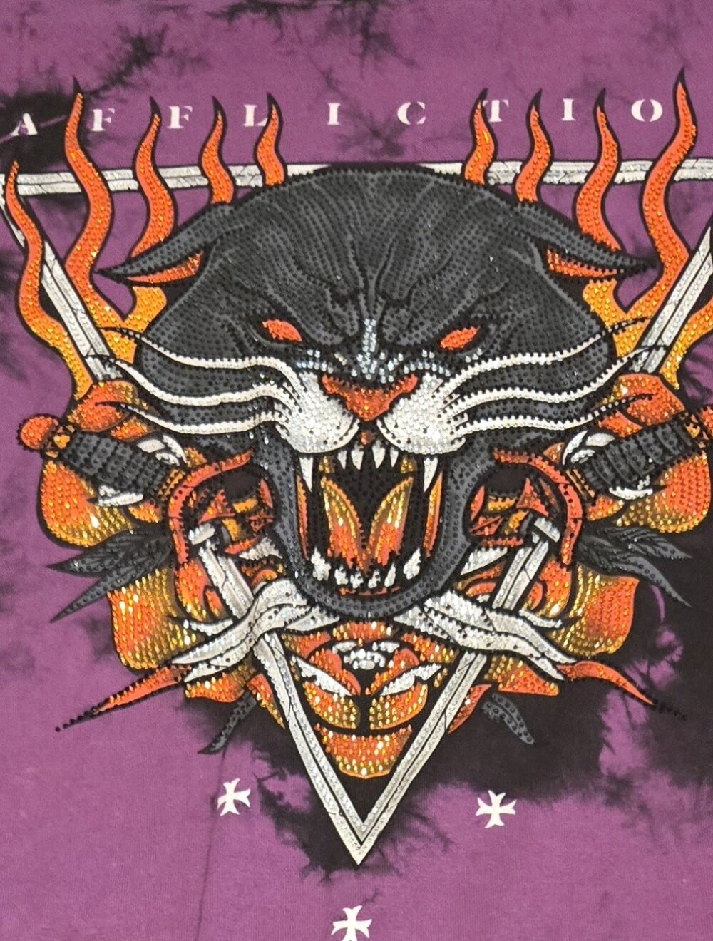 Affliction Panther Flame Rhinestone Tee - Purple, Orange & Black